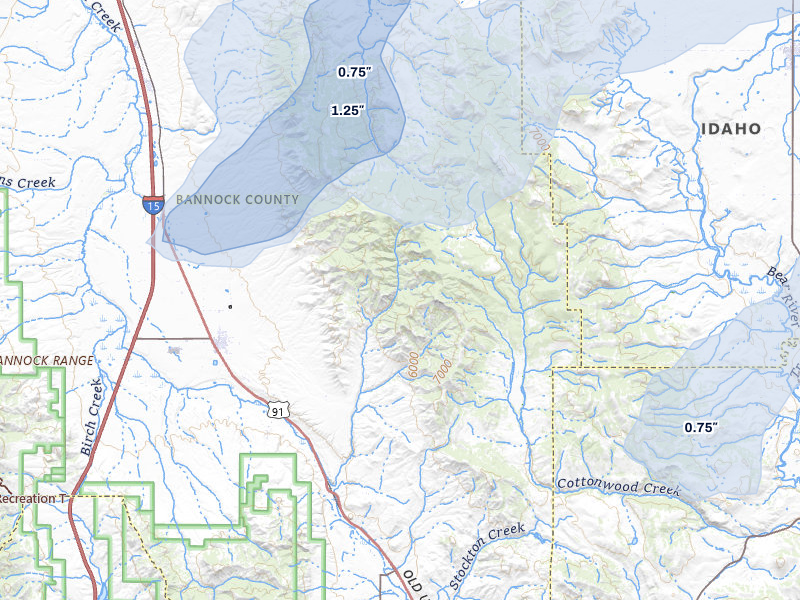 NEXRAD radar-signature map of the hail storm over Downey, ID on Aug 23, 2026