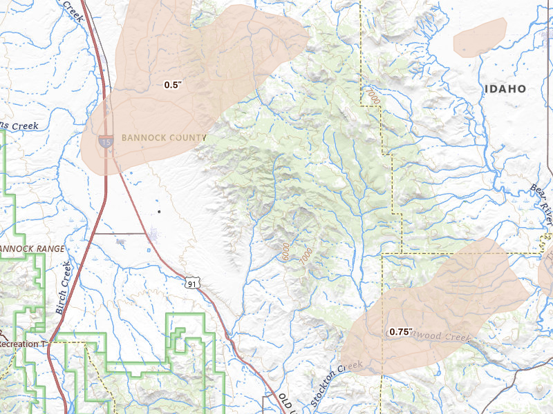 Radar-estimated hail-size map of the storm over Downey, ID on Aug 24, 2026