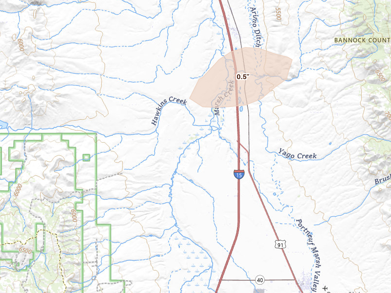 Radar-estimated hail-size map of the storm over Downey, ID on Aug 26, 2026