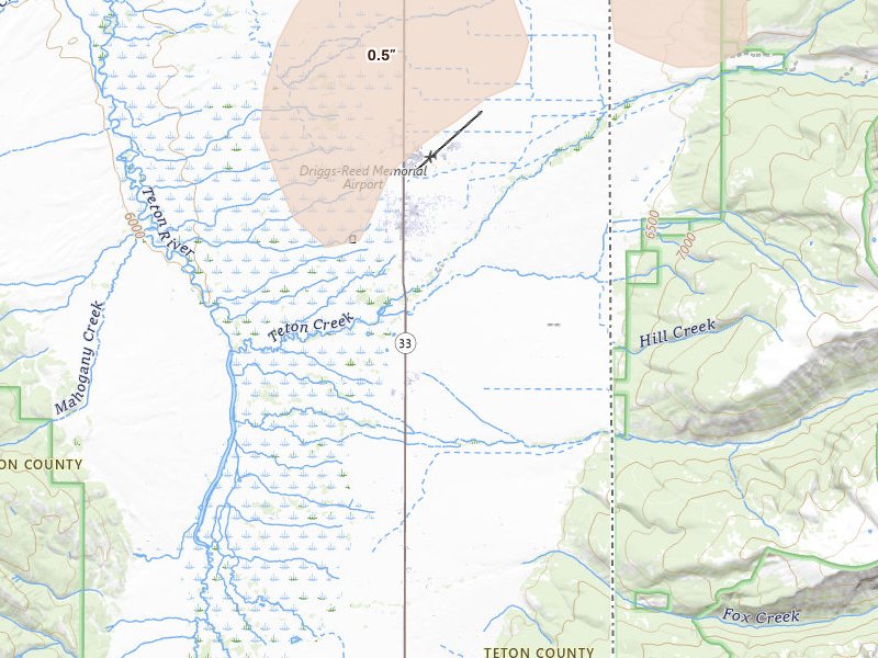 Radar-estimated hail-size map of the storm over Driggs, ID on Jul 21, 2026
