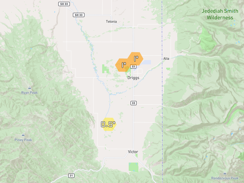 Hail map of Driggs, ID on Jul 21, 2026, hail up to 1"