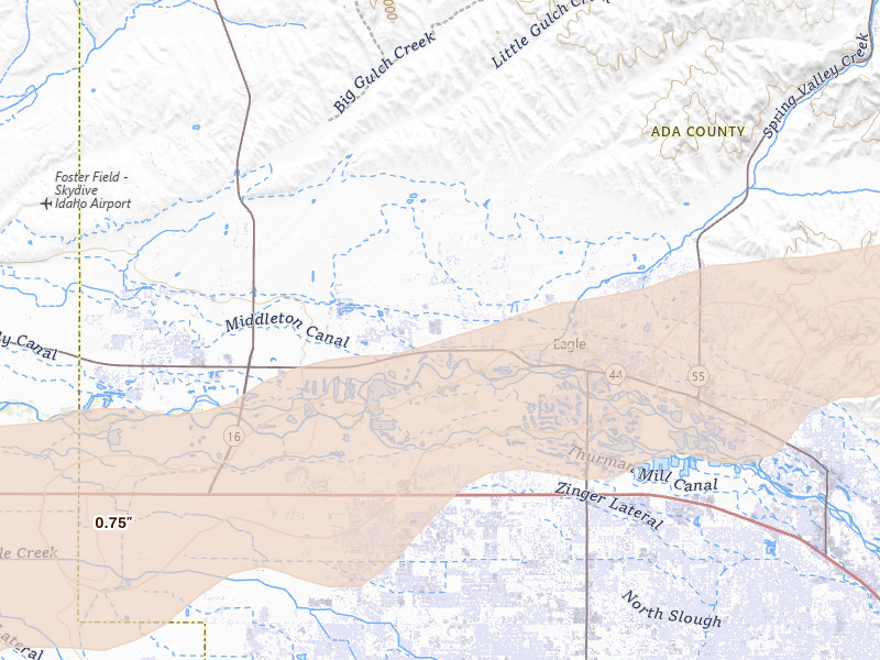 Radar-estimated hail-size map of the storm over Eagle, ID on Jun 26, 2026