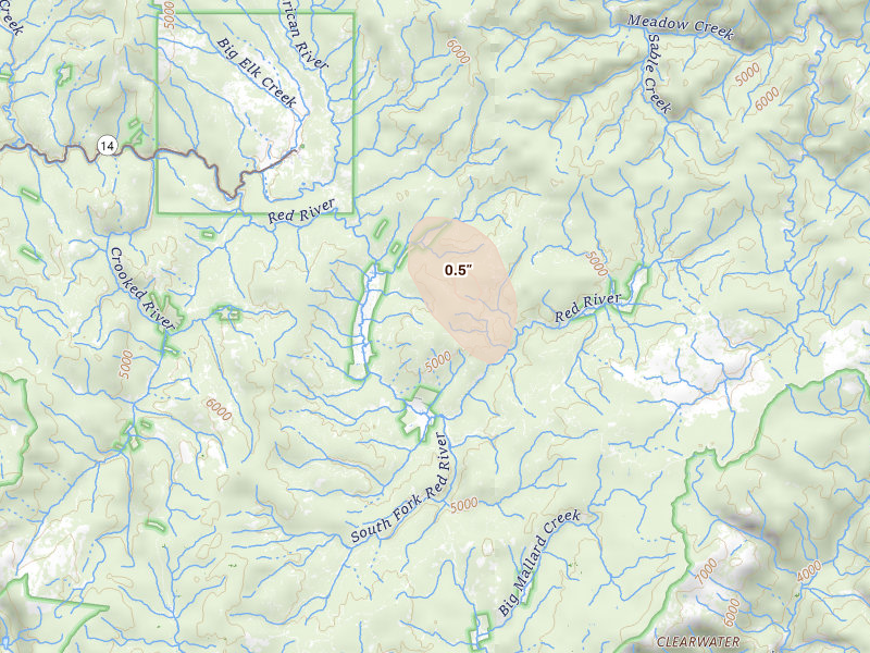 Radar-estimated hail-size map of the storm over Elk City, ID on May 27, 2026