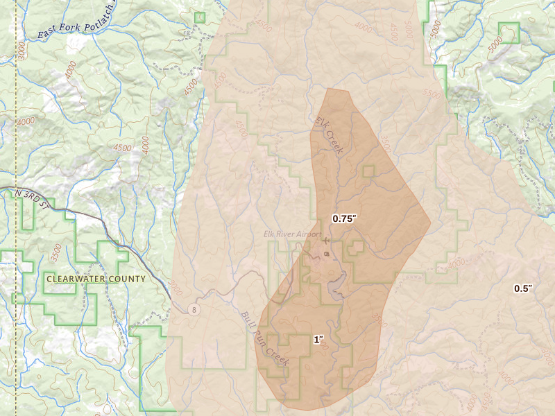 Radar-estimated hail-size map of the storm over Elk River, ID on May 28, 2026