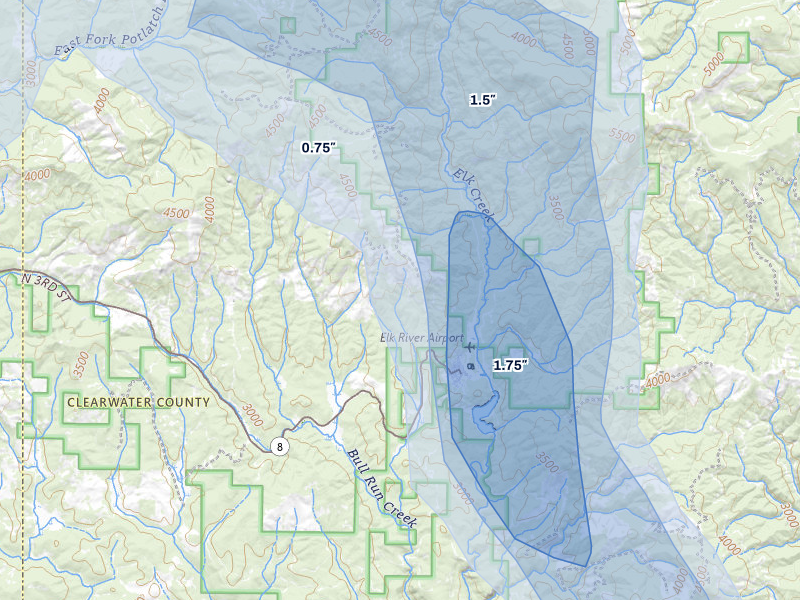 NEXRAD radar-signature map of the hail over Elk River, ID