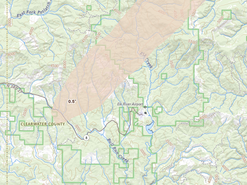 Radar-estimated hail-size map of the storm over Elk River, ID on Jul 23, 2026