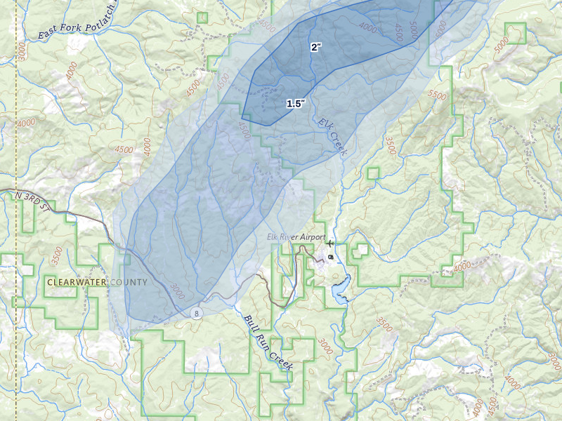 NEXRAD radar-signature map of the hail over Elk River, ID