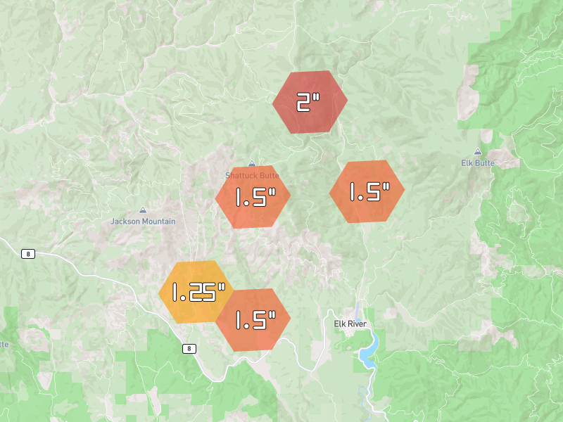 Hail map of Elk River, ID on Jul 24, 2026, hail up to 2"