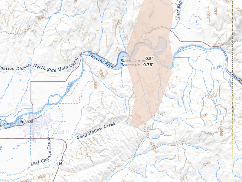 Radar-estimated hail-size map of the storm over Emmett, ID on Jul 16, 2026