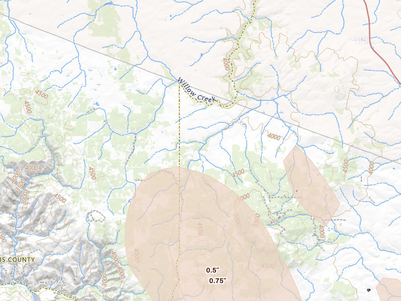 Radar-estimated hail-size map of the storm over Ferdinand, ID on May 28, 2026