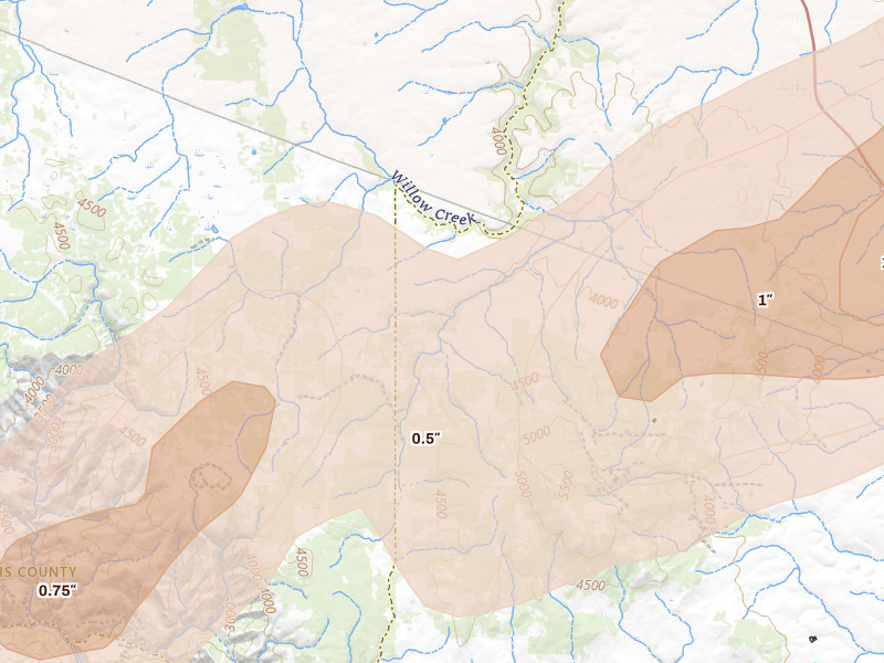 Radar-estimated hail-size map of the storm over Ferdinand, ID on Jul 16, 2026