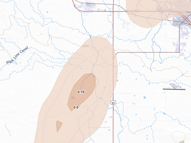 Radar-estimated hail-size map of the storm over Filer, ID on Sep 1, 2026