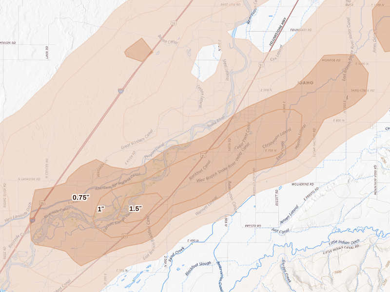 Radar-estimated hail-size map of the storm over Firth, ID