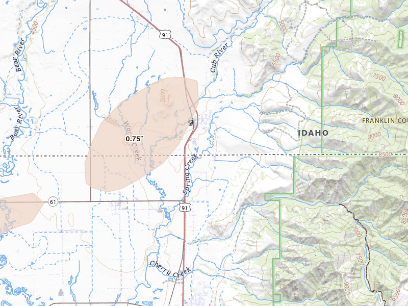 Radar-estimated hail-size map of the storm over Franklin, ID on Jun 20, 2026