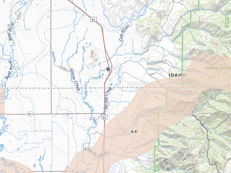 Radar-estimated hail-size map of the storm over Franklin, ID on Jun 27, 2026