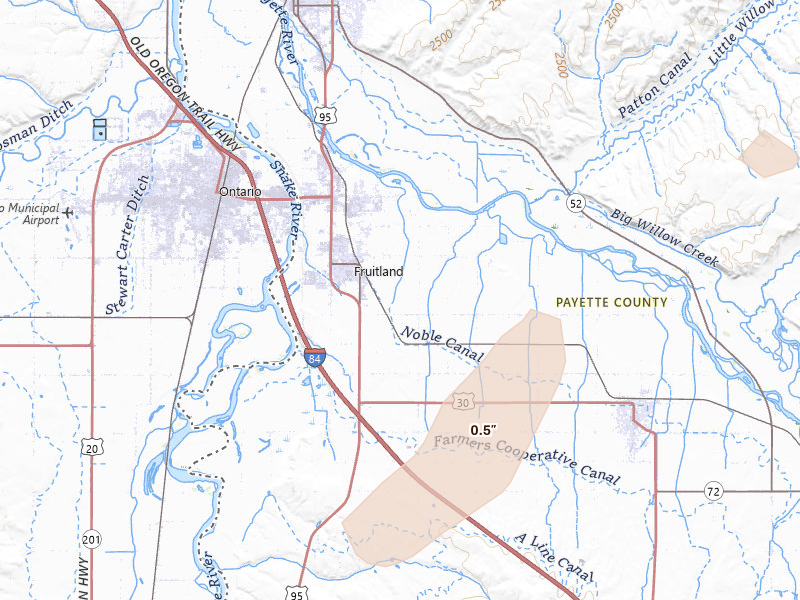 Radar-estimated hail-size map of the storm over Fruitland, ID