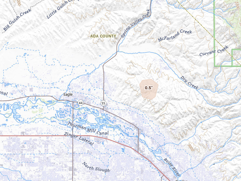 Radar-estimated hail-size map of the storm over Garden City, ID on May 25, 2026