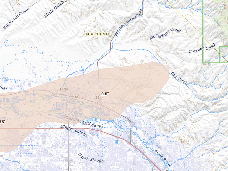 Radar-estimated hail-size map of the storm over Garden City, ID on Jun 26, 2026