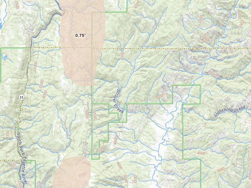 Radar-estimated hail-size map of the storm over Garden Valley, ID on Jul 16, 2026