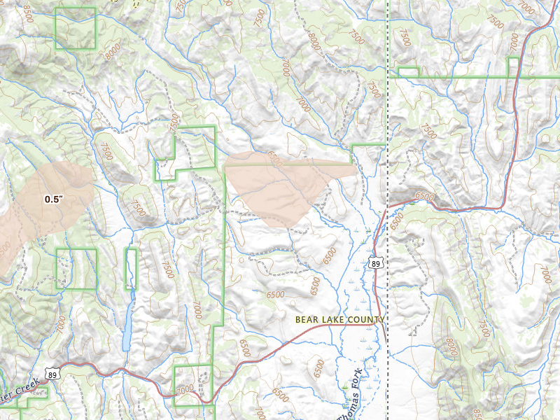 Radar-estimated hail-size map of the storm over Geneva, ID on Jun 24, 2026