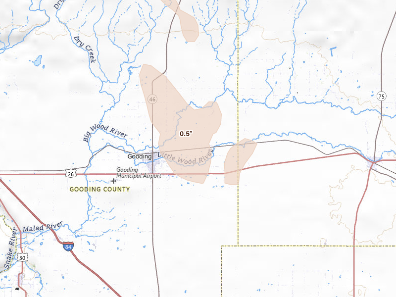 Radar-estimated hail-size map of the storm over Gooding, ID on May 26, 2026