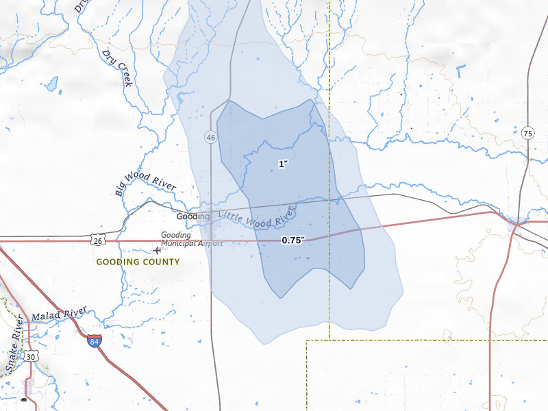 NEXRAD radar-signature map of the hail over Gooding, ID
