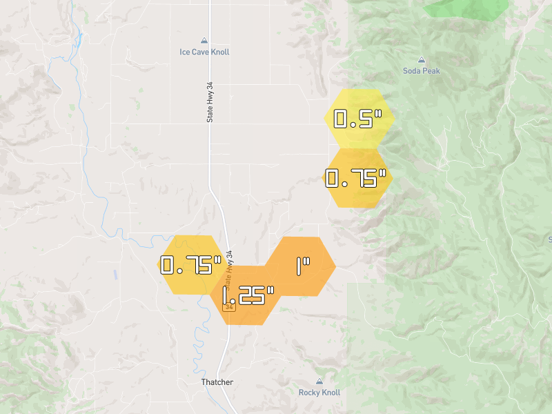 Hail map of Grace, ID on Jun 27, 2026, hail up to 1.25"