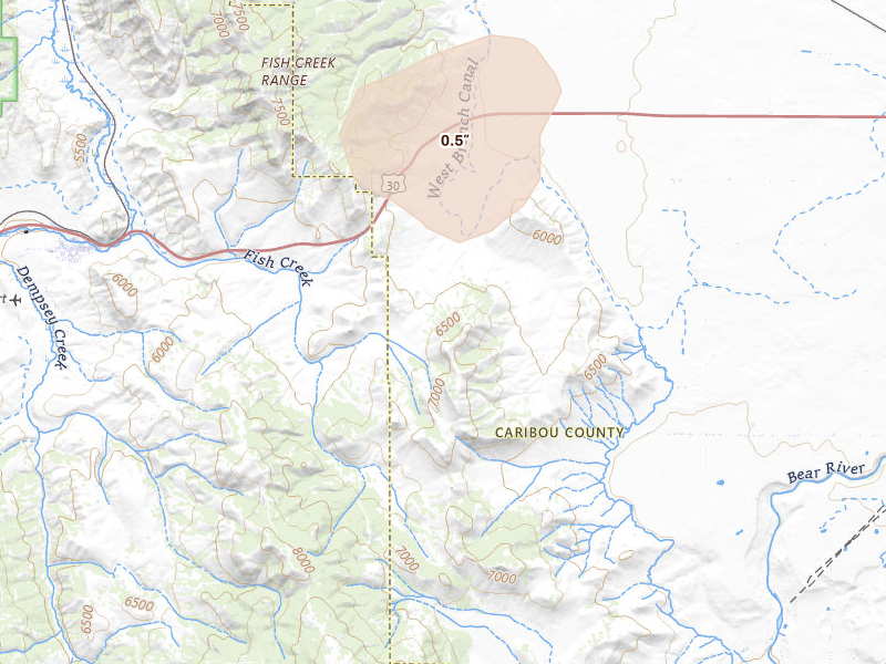 Radar-estimated hail-size map of the storm over Grace, ID on Jul 16, 2026