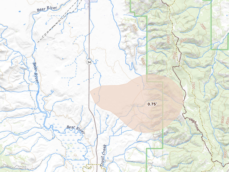 Radar-estimated hail-size map of the storm over Grace, ID on Jul 30, 2026
