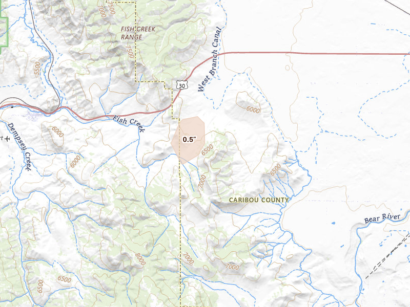 Radar-estimated hail-size map of the storm over Grace, ID on Aug 22, 2026