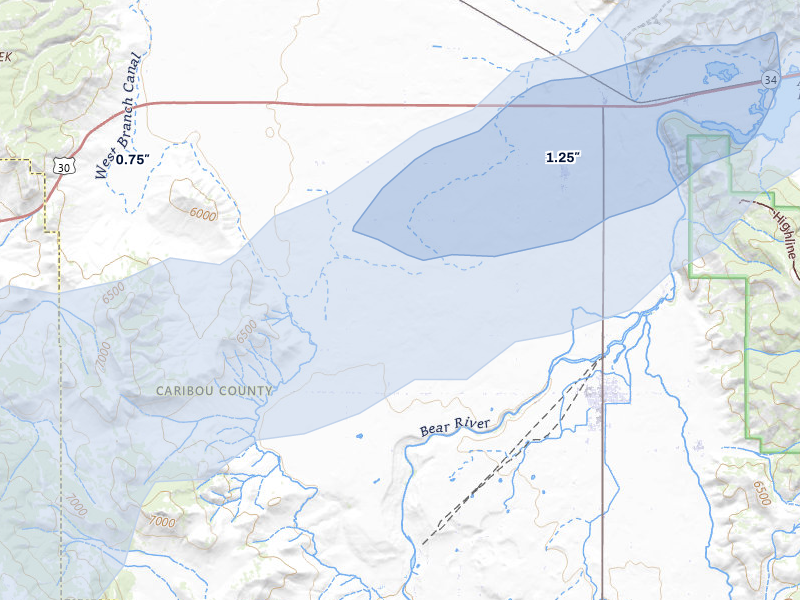 NEXRAD radar-signature map of the hail storm over Grace, ID on Aug 23, 2026