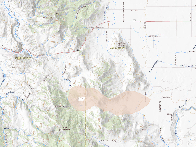 Radar-estimated hail-size map of the storm over Grace, ID on Aug 28, 2026