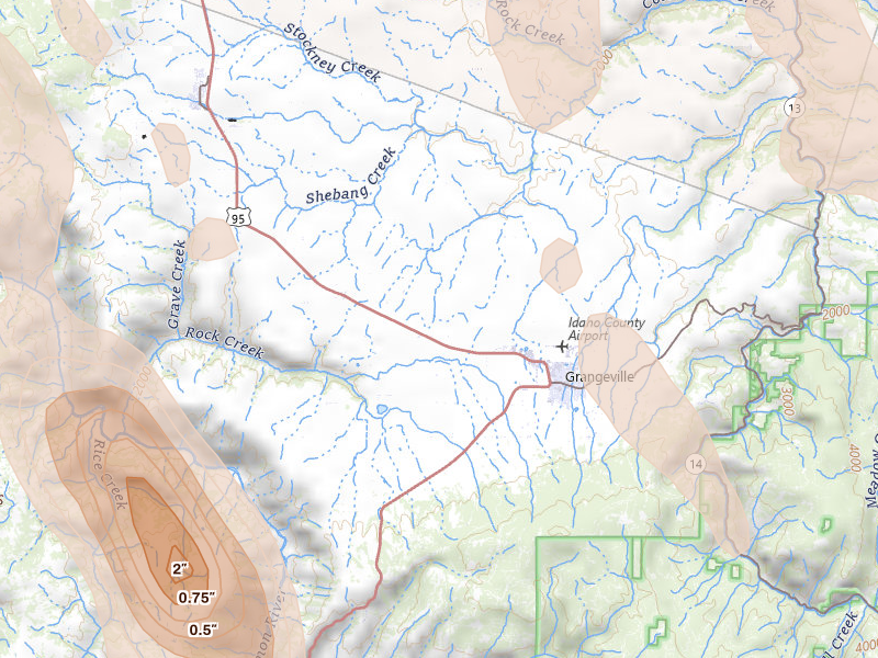 Radar-estimated hail-size map of the storm over Grangeville, ID on May 28, 2026