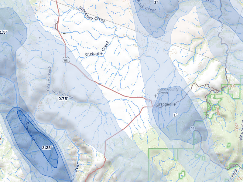 NEXRAD radar-signature map of the hail over Grangeville, ID