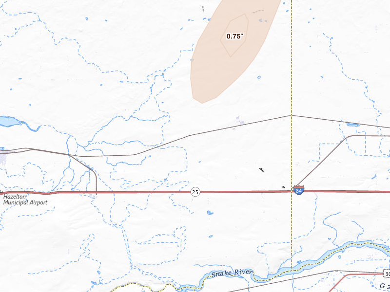 Radar-estimated hail-size map of the storm over Hazelton, ID on Jul 16, 2026