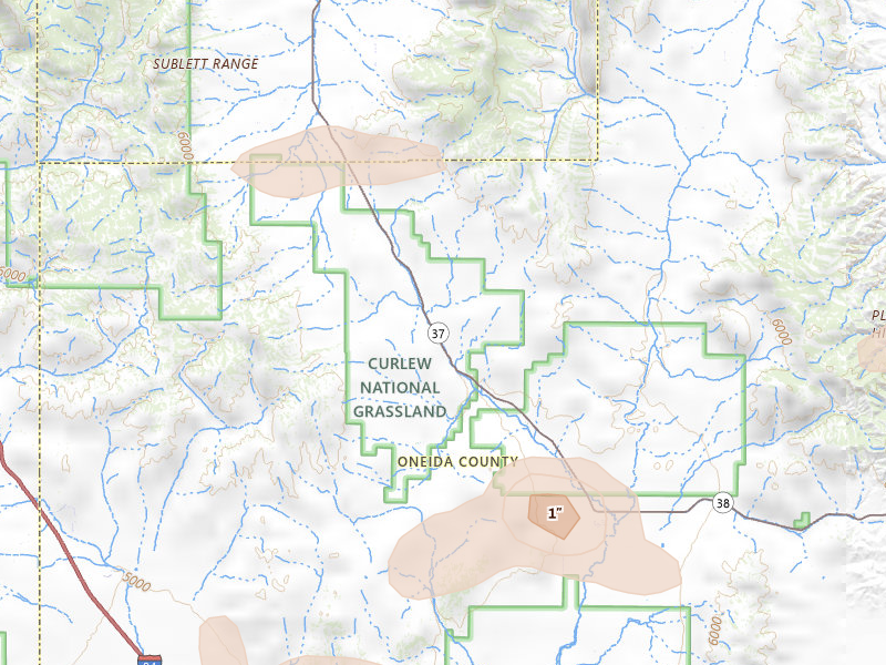 Radar-estimated hail-size map of the storm over Holbrook, ID on Jun 20, 2026