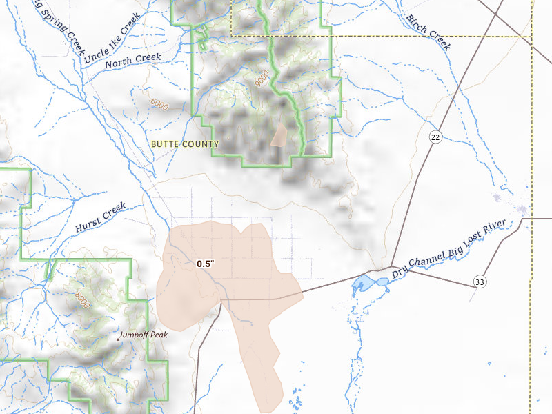 Radar-estimated hail-size map of the storm over Howe, ID on Sep 1, 2026