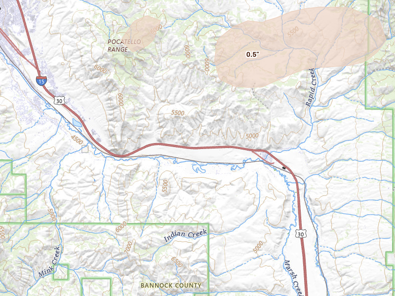 Radar-estimated hail-size map of the storm over Inkom, ID on Jul 24, 2026