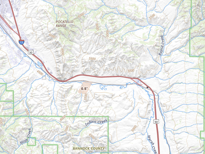 Radar-estimated hail-size map of the storm over Inkom, ID on Jul 28, 2026