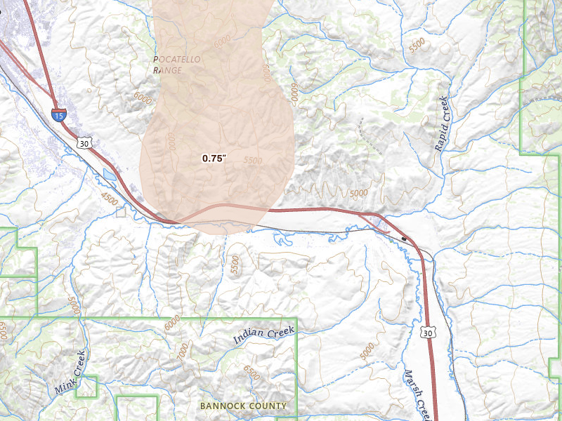 Radar-estimated hail-size map of the storm over Inkom, ID on Jul 29, 2026