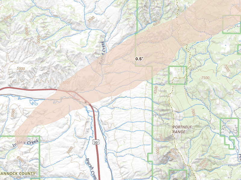 Radar-estimated hail-size map of the storm over Inkom, ID on Aug 23, 2026