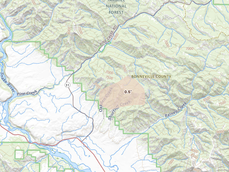 Radar-estimated hail-size map of the storm over Irwin, ID on Aug 23, 2026