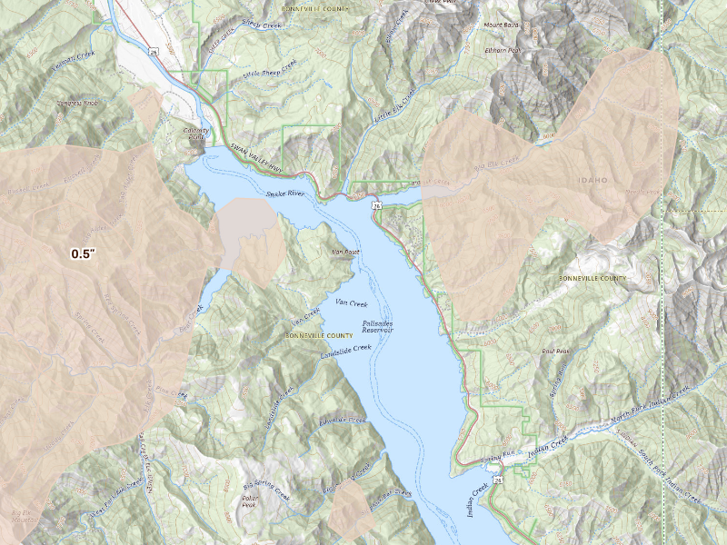 Radar-estimated hail-size map of the storm over Irwin, ID