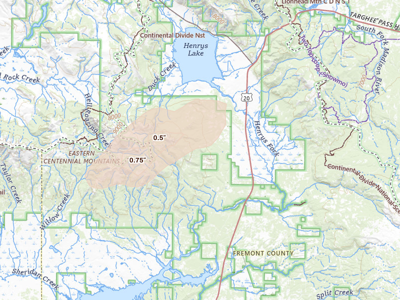 Radar-estimated hail-size map of the storm over Island Park, ID on Jun 9, 2026