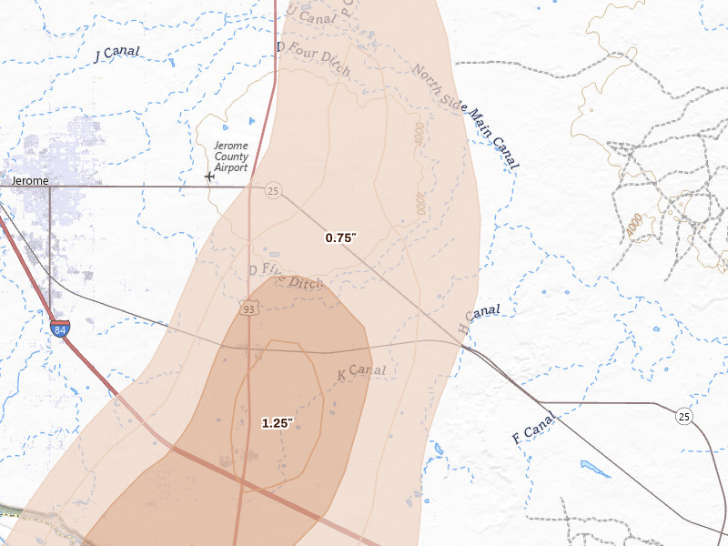 Radar-estimated hail-size map of the storm over Jerome, ID on Sep 1, 2026