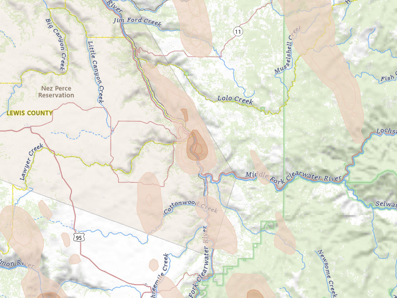 Radar-estimated hail-size map of the storm over Kamiah, ID on May 28, 2026