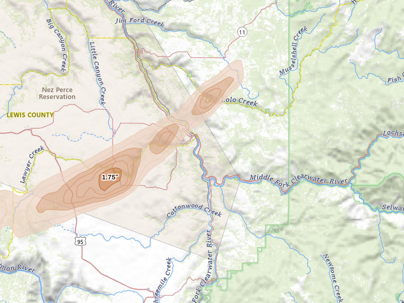 Radar-estimated hail-size map of the storm over Kamiah, ID on Jul 16, 2026
