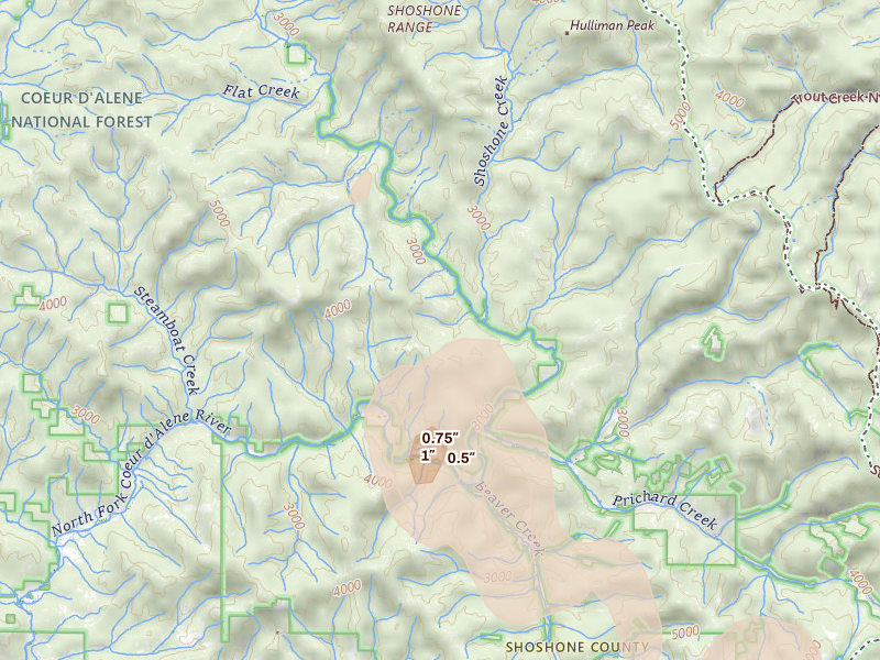 Radar-estimated hail-size map of the storm over Kingston, ID on May 28, 2026