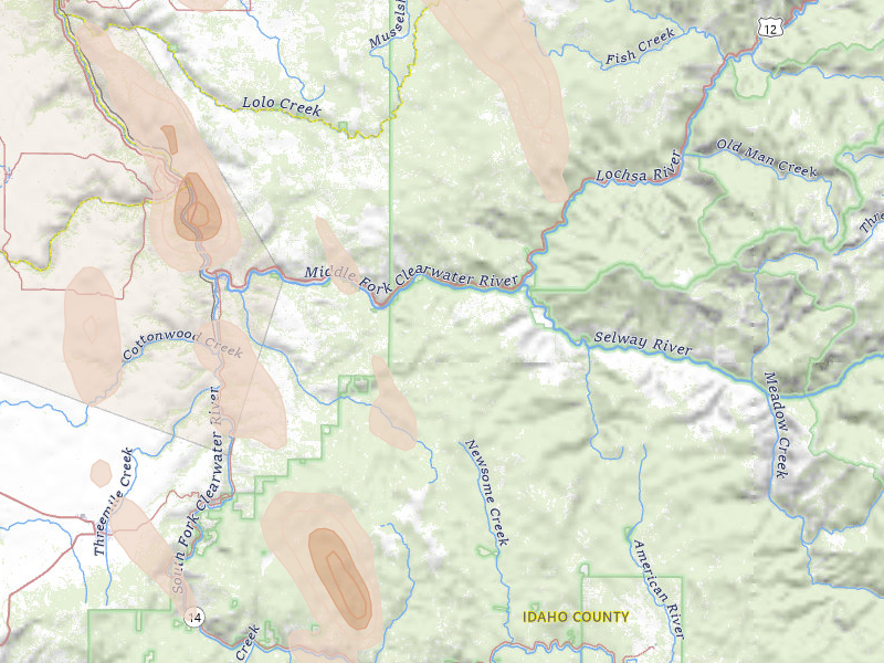 Radar-estimated hail-size map of the storm over Kooskia, ID on May 28, 2026