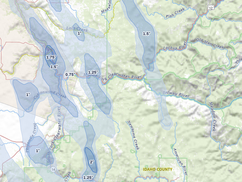 NEXRAD radar-signature map of the hail storm over Kooskia, ID on May 28, 2026